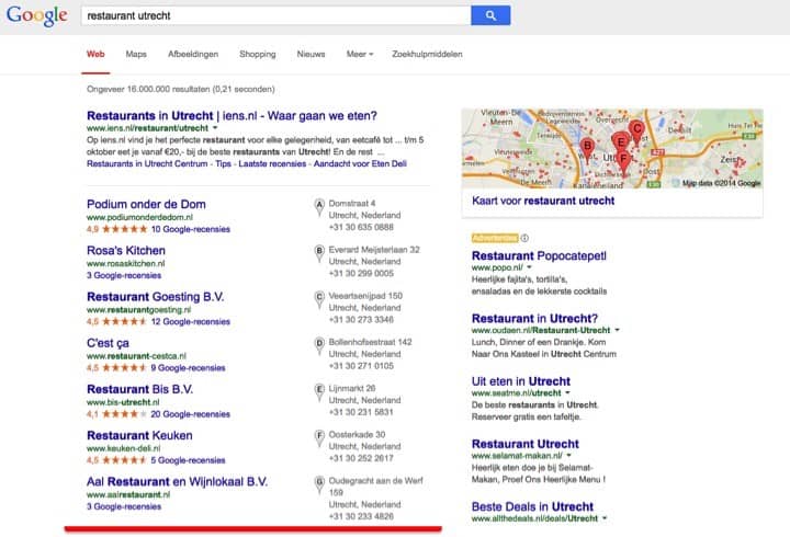 vindbaar, google, pagina 1, hoog in google, horeca, restaurant